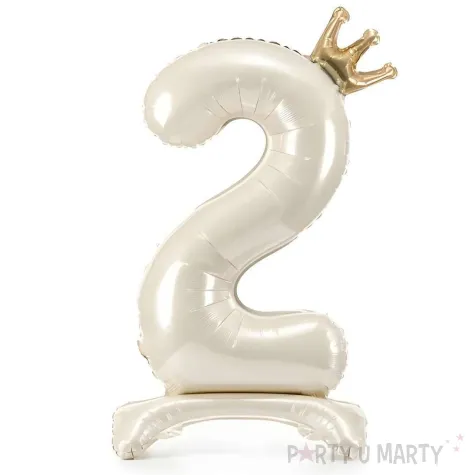 stojacy balon foliowy cyfra 2 z korona dekoracja na urodziny kremowy 33 dgt