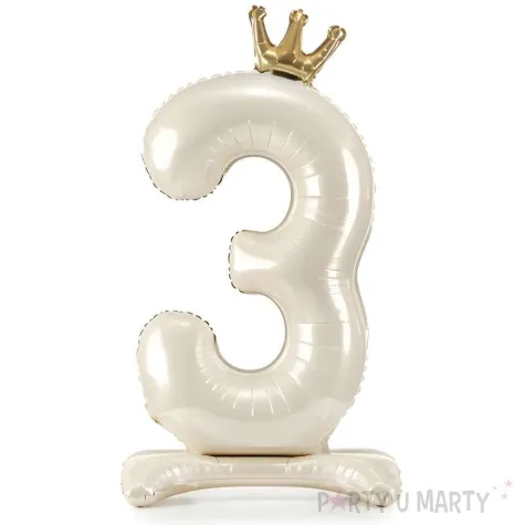 stojacy balon foliowy cyfra 3 z korona dekoracja na urodziny kremowy 33 dgt