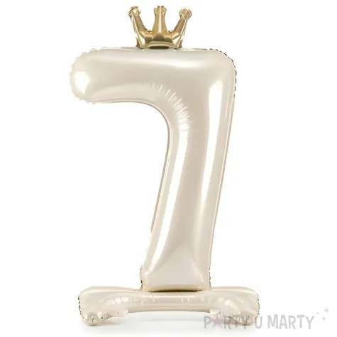 stojacy balon foliowy cyfra 7 z korona dekoracja na urodziny kremowy 33 dgt