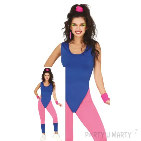 stroj damski gimnastyczka kombinezon retro lata 80 rozowo niebieski guirca s
