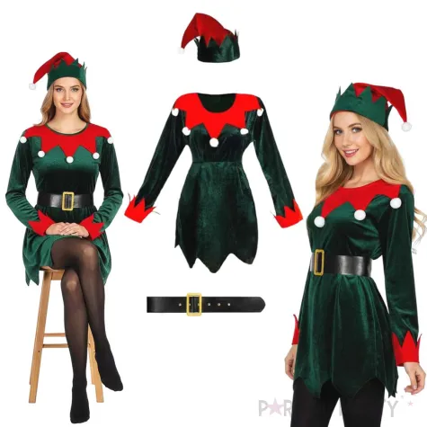 stroj damski na boze narodzenie swieta wigilie elfka sukienka czapka pasek zielona s m l