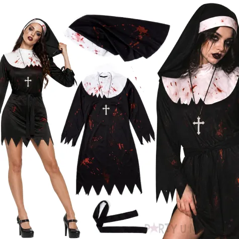 stroj damski na halloween zakonnica zombie habit kornet krzyz pasek cosplay kostium karnawal m