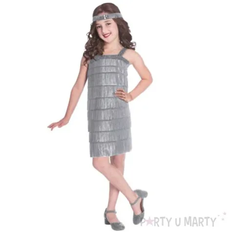 stroj dla dzieci flapperka dama lata 20 srebrny amscan 128 140 cm