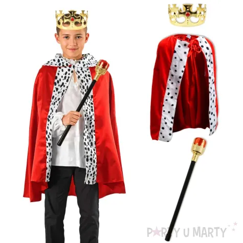 stroj dla dzieci krol zestaw korona peleryna i berlo czerwony 128 140 cm