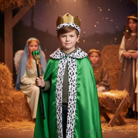 stroj dla dzieci na jaselka zestaw krola peleryna korona i berlo zielony rozm uniw