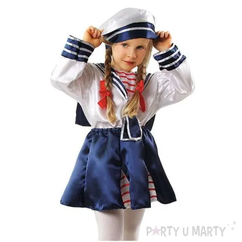 stroj dla dzieci pani marynarz bialo niebieski kraszek rozm 134 140 cm