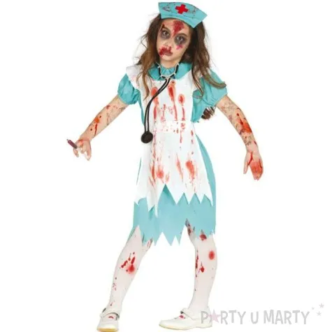 stroj dla dzieci pielegniarka zombie blekitno biala guirca rozm 122 134 cm