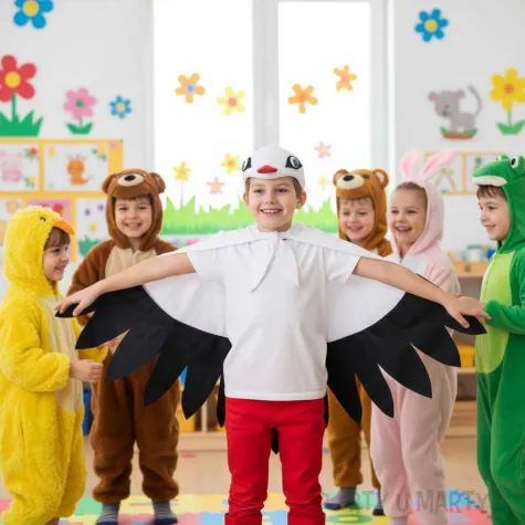stroj dla dziecka na dzien wiosny bocian zestaw peleryna czapka nakladki na buty