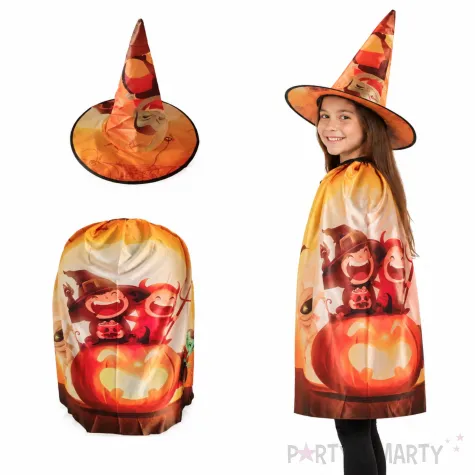 stroj dla dziecka na halloween andrzejki karnawal kapelusz i peleryna czarownica czarodziej