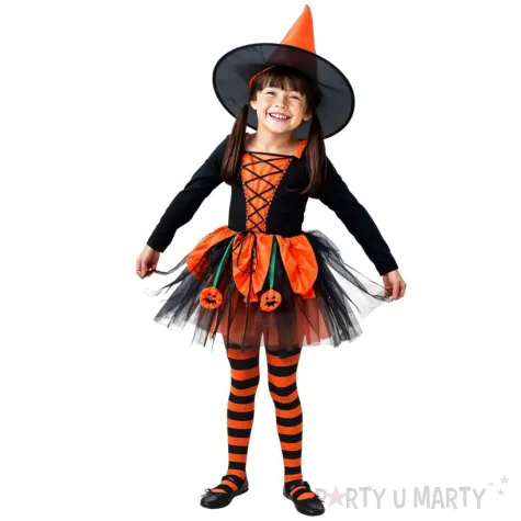 stroj dzieciecy na halloween andrzejki czarownica dynia kapelusz sukienka rajstopy 110 116