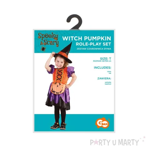 stroj dzieciecy na halloween andrzejki czarownica dynia sukienka kapelusz rozm 92 104