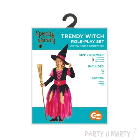 stroj dzieciecy na halloween andrzejki czarownica sukienka kapelusz pasek rozm 120 130