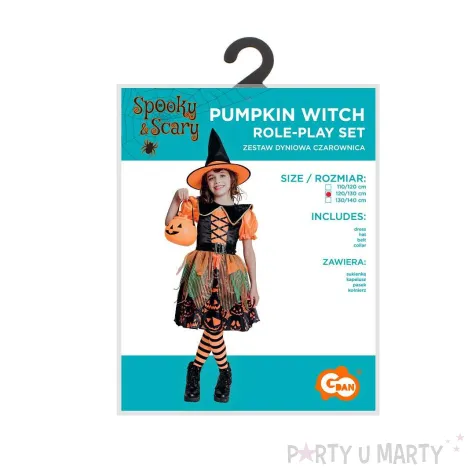 stroj dzieciecy na halloween andrzejki czarownica sukienka kapelusz pasek rozm 120 130