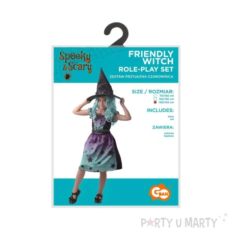 stroj dzieciecy na halloween andrzejki czarownica zestaw sukienka i kapelusz rozm 130 140