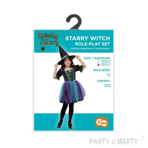 stroj dzieciecy na halloween andrzejki gwiezdna czarownica sukienka i kapelusz rozm 130 140