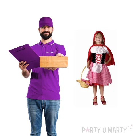 stroj dzieciecy na karnawal bluzka spodnica i peleryna z kapturem czerwony kapturek 110 120