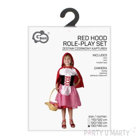 stroj dzieciecy na karnawal bluzka spodnica i peleryna z kapturem czerwony kapturek 130 140