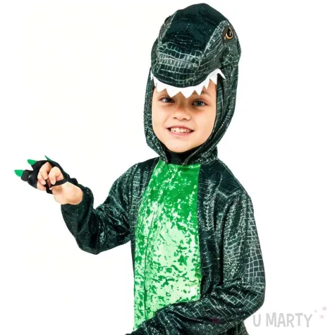stroj dzieciecy na karnawal kombinezon dinozaura z kapturem i ogonem zielony 116 128