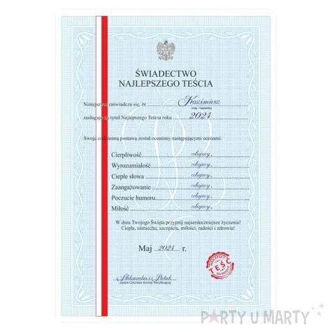 swiadectwo dla najlepszego tescia a4