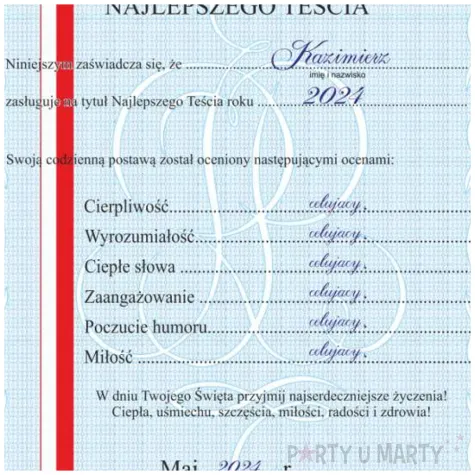 swiadectwo dla najlepszego tescia a4