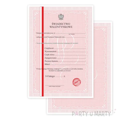 swiadectwo prezent dla dziewczyny walentynkowe dla niej a4