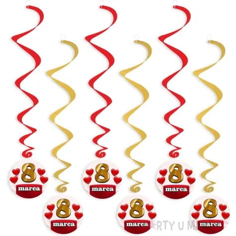 swiderki wiszace dzien kobiet 8 marca czerwono zlote 6 szt