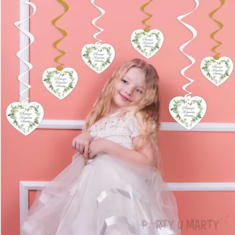 swiderki wiszace eukaliptusowe serce dekoracja na komunie swieta bialo zlote 6 szt