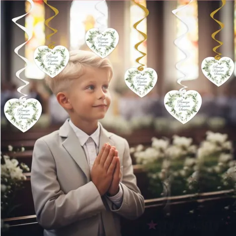 swiderki wiszace eukaliptusowe serce dekoracja na komunie swieta bialo zlote 6 szt