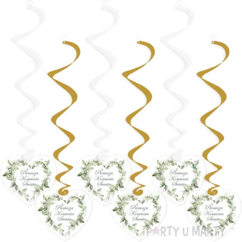 swiderki wiszace eukaliptusowe serce dekoracja na komunie swieta bialo zlote 6 szt