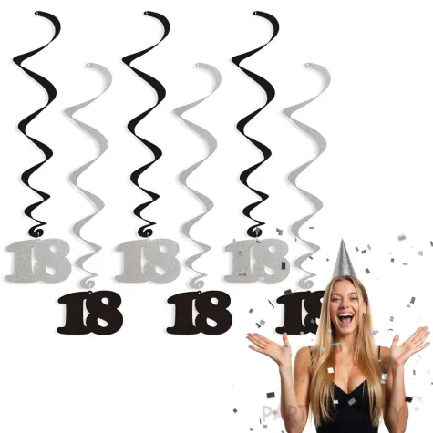 swiderki wiszace urodziny 18 czarno srebrne 6 szt