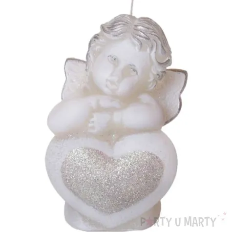 swieca aniolek z serduszkiem srebrny bialy bartek candles 130 mm