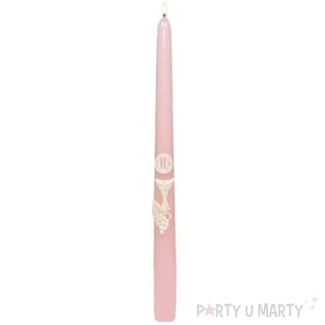 swieca stozkowa komunijna z hostia ihs rozowa adpal 29 cm