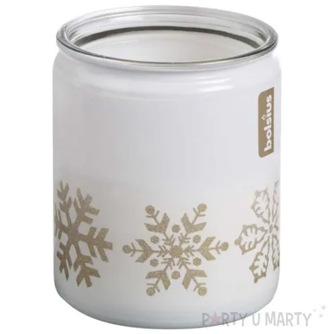 swieca w szkle swiateczne sniezynki biala bolsius 82 mm