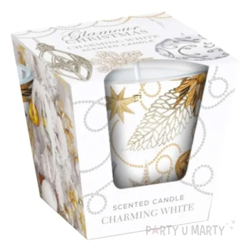 swieca zapachowa w szkle christmas glamour czarujaca biel bartek candles 80 90 mm