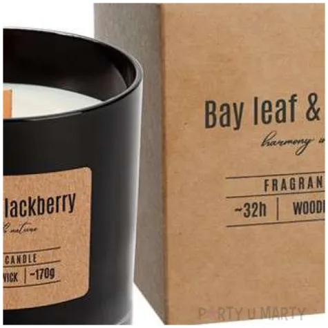 swieca zapachowa w szkle drewniany knot lisc laurowy z jezyna bispol 8 5 cm