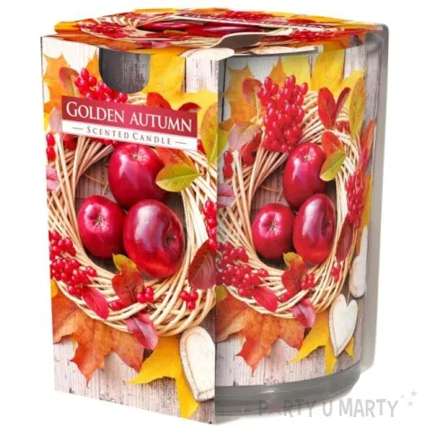 swieca zapachowa w szkle z nadrukiem zlota jesien bispol 8 cm