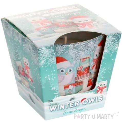 swieca zapachowa w szkle zimowe sowy snow sugar bartek candles 80 90 mm