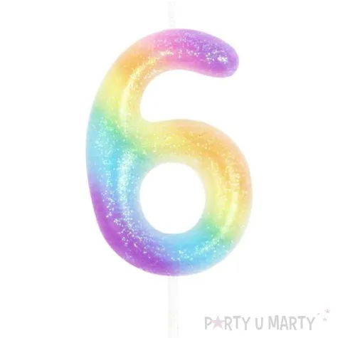 swieczka cyfra 6 z brokatem teczowa partypal 6 cm