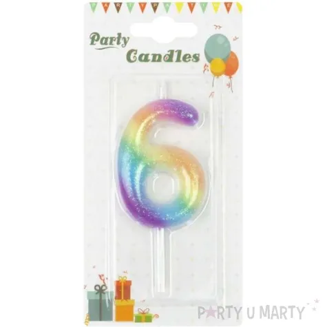 swieczka cyfra 6 z brokatem teczowa partypal 6 cm