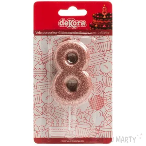 swieczka cyfra 8 glitter dekora rozowe zloto 15 cm