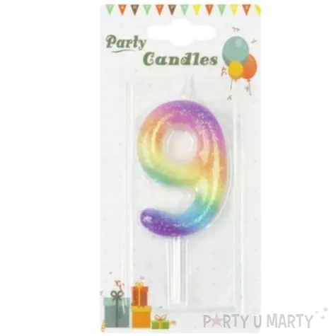swieczka cyfra 9 z brokatem teczowa partypal 6 cm