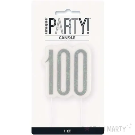 swieczka na tort 100 urodziny glitz srebrna brokatowa unique 10 cm