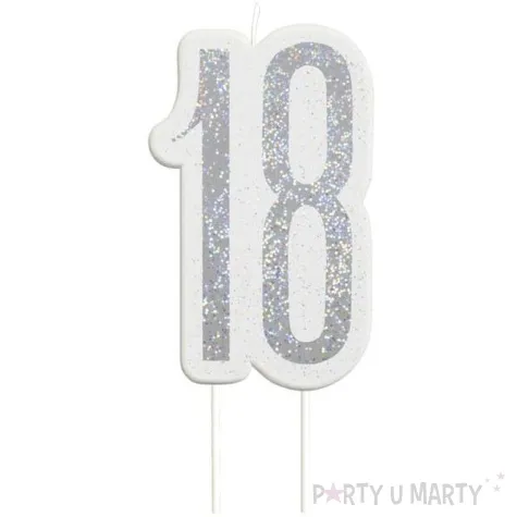 swieczka na tort 18 urodziny glitz srebrna brokatowa unique 10 cm