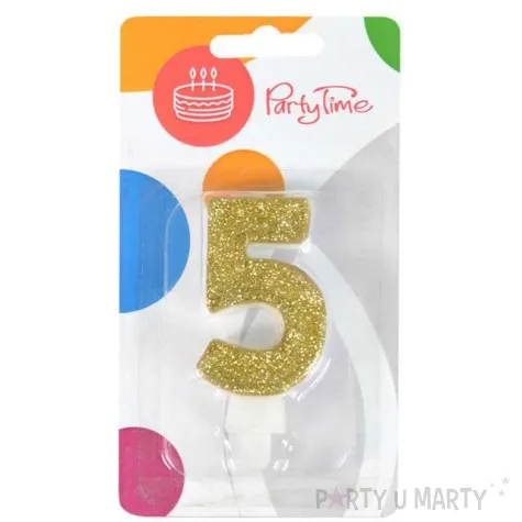 swieczka na tort 5 zlota z brokatem arpex 7 5 cm