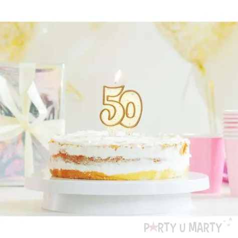 swieczka na tort 50 godan zlota z brokatem 8 cm