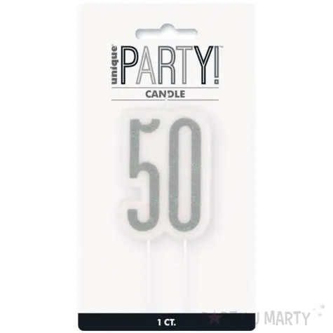 swieczka na tort 50 urodziny glitz srebrna brokatowa unique 10 cm
