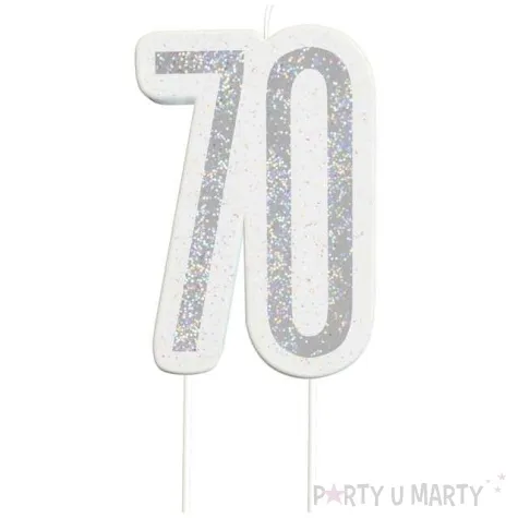 swieczka na tort 70 urodziny glitz srebrna brokatowa unique 10 cm
