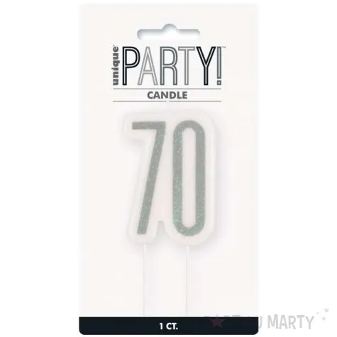 swieczka na tort 70 urodziny glitz srebrna brokatowa unique 10 cm