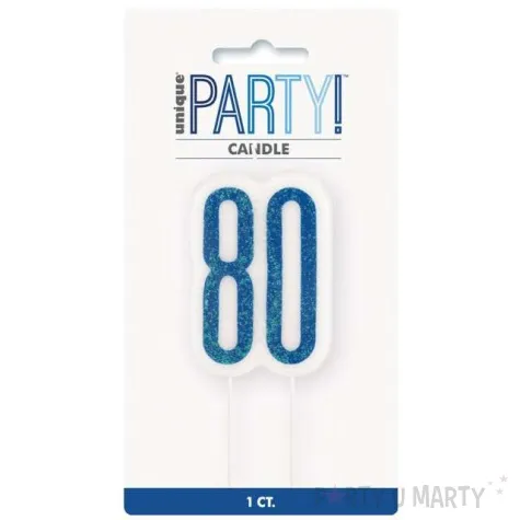 swieczka na tort 80 urodziny glitz niebieska brokatowa unique 10 cm