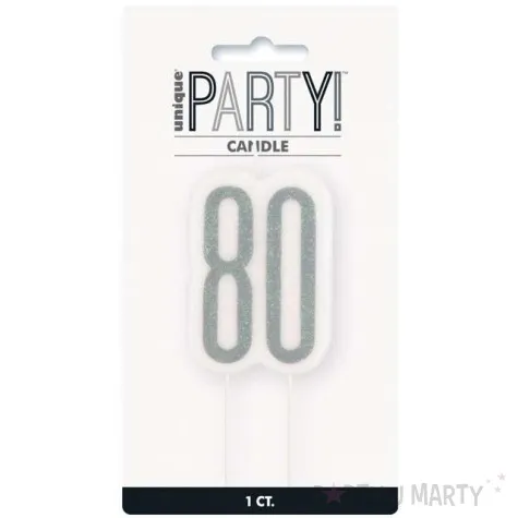 swieczka na tort 80 urodziny glitz srebrna brokatowa unique 10 cm